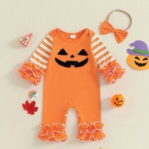 Boutique Baby Girls Halloween Jack-o-Lantern Ruffle Romper Jumpsuit